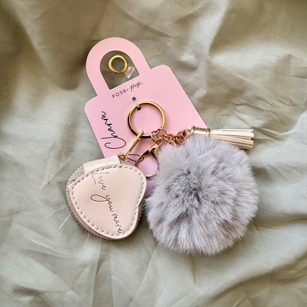 Pink Heart Coin Purse Keychain with Gray Faux Fur Pom